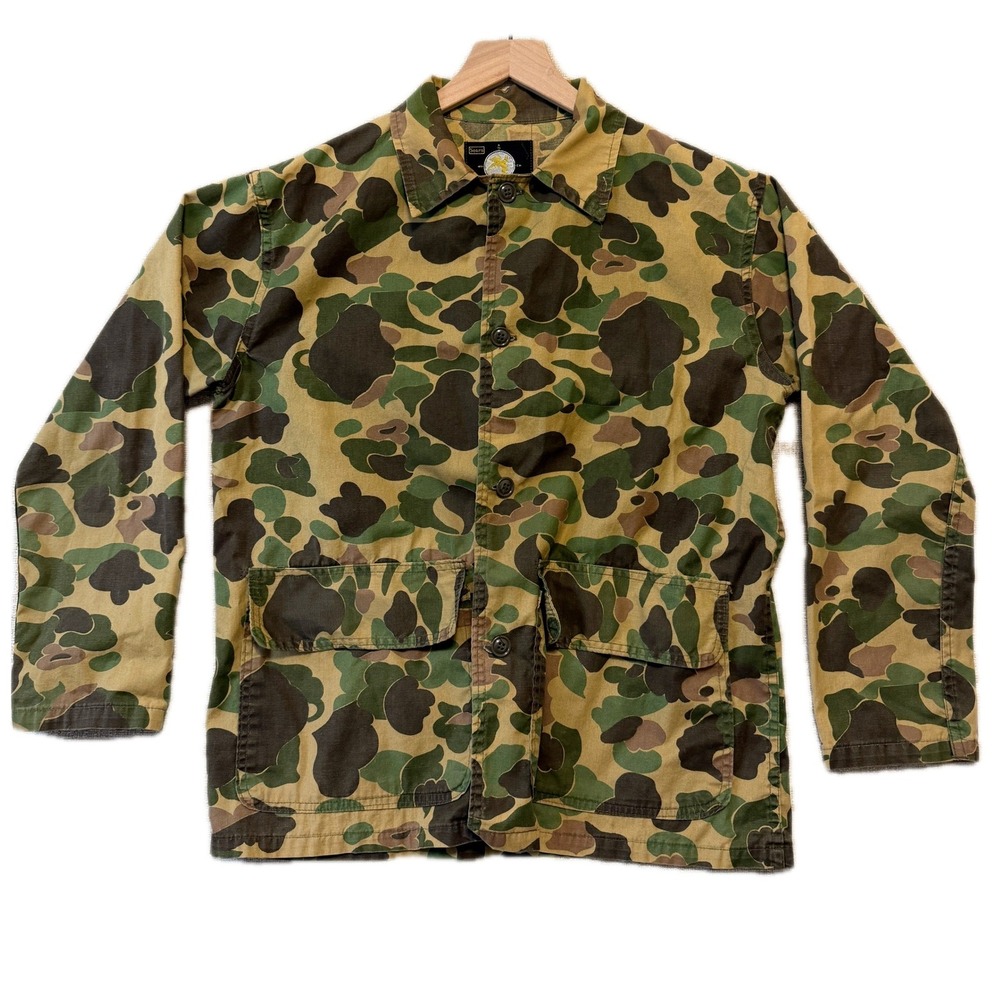 SEARS Field Jacket Mens L Up-Cycled Duck Camo Perrys Bait & Tackle Graphic Patch
